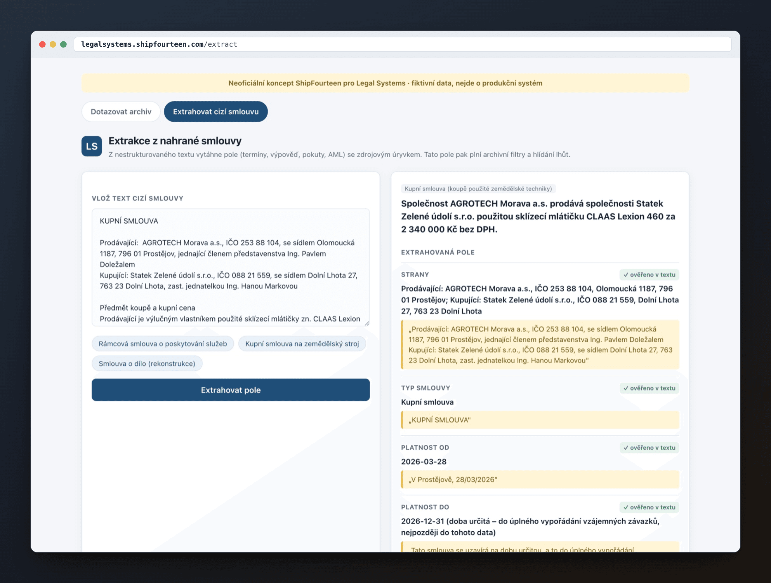 Document extraction turning an uploaded contract into structured fields with source quotes