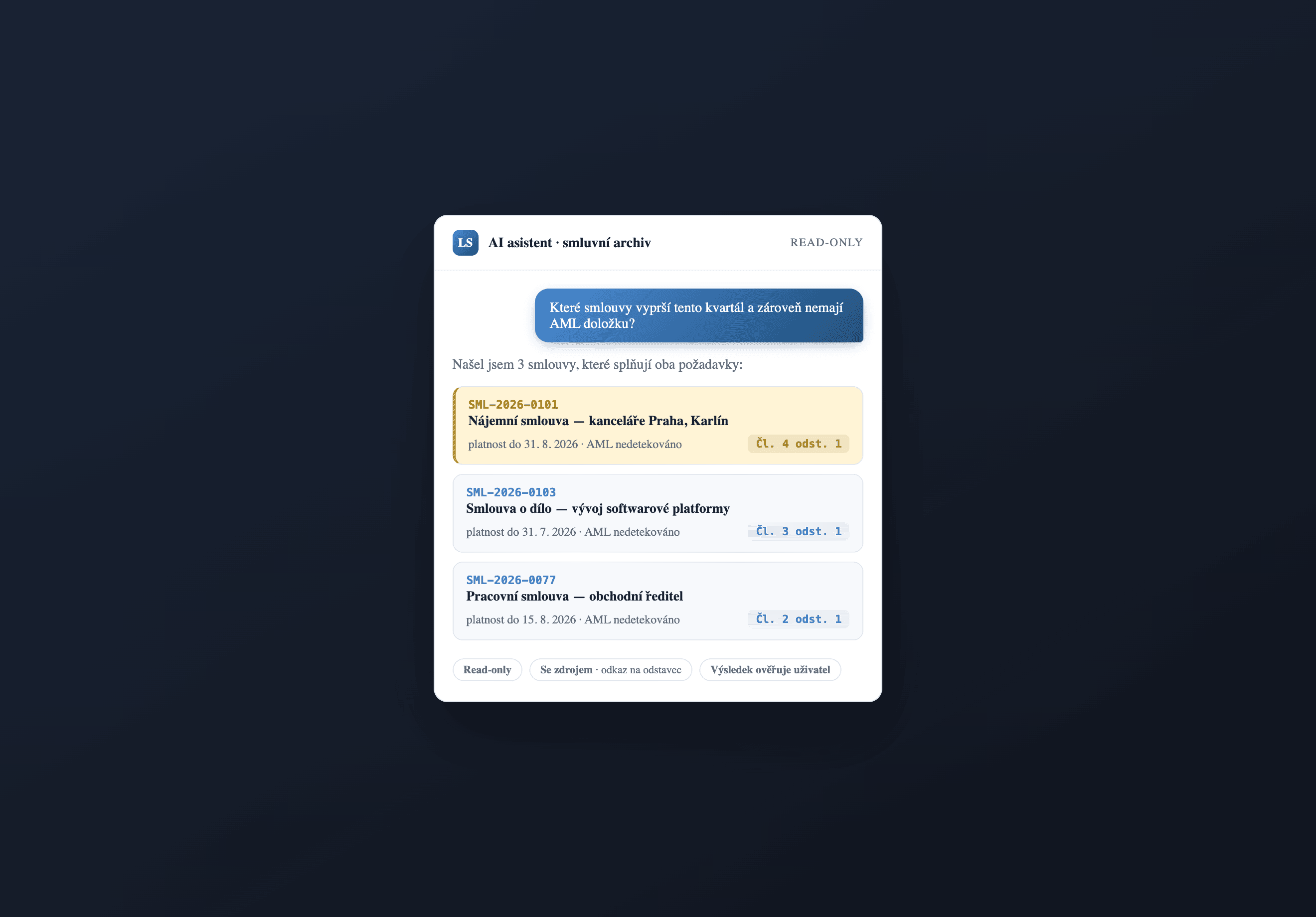 AI assistant answering a question over a contract archive with cited clauses